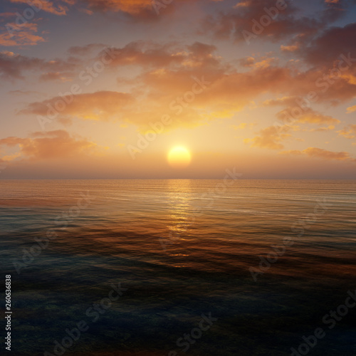 concept art of epic sunset with calm ocean and deep sky