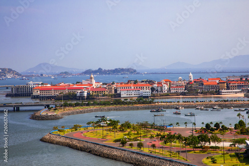 Aerial View to the historical part from panama City called Casco Viejo. In the background is Amador where the Cruise ships are arriving and further the Taboga Island