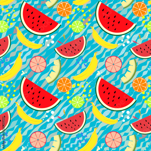 Summer fruits seamless vector pattern with watermelon pieces, bananas and citrus