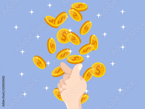 Mini heart hand and money Coins falling from the sky. Concept Symbol of love, success and good luck.Vector Illustration Bank and Finance