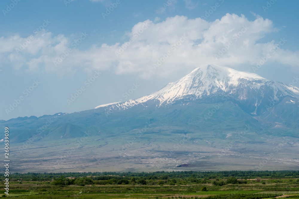 Ararat , Armenia - Jun 15 2018- Mount Ararat view from Khor Virap Monastery. a famous landscape in Lusarat, Ararat, Armenia.