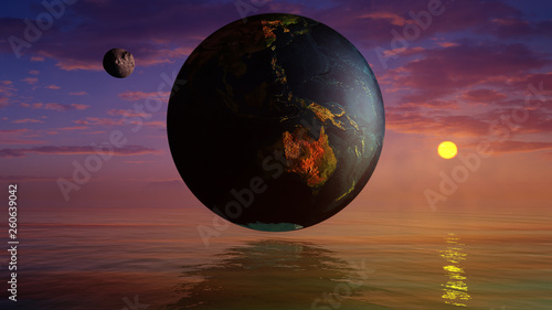 concept art of earth and moon with geocentric model and biblical oceans   photo