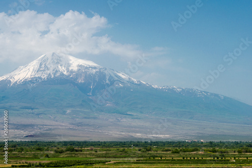 Ararat , Armenia - Jun 15 2018- Mount Ararat view from Khor Virap Monastery. a famous landscape in Lusarat, Ararat, Armenia.