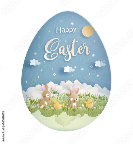 Happy Easter with cute bunny and Ester eggs in paper cut style vector illustration.