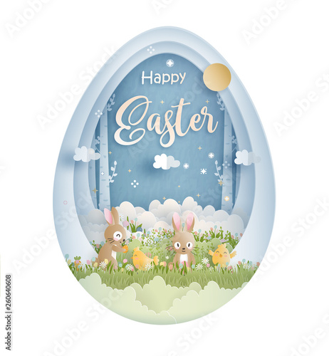 Happy Easter with cute bunny and Ester eggs in paper cut style vector illustration.
