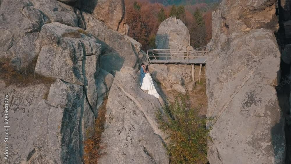 Newlyweds stand on a high slope of the mountain. Groom and bride. Arial view Newlyweds stand on a high slope of the mountain. Groom and bride. Arial view