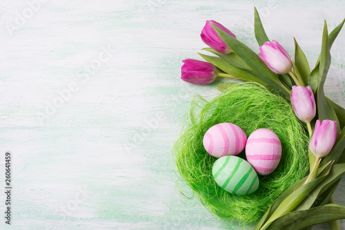 Easter green pink eggs in the nest and tulips, copy space.