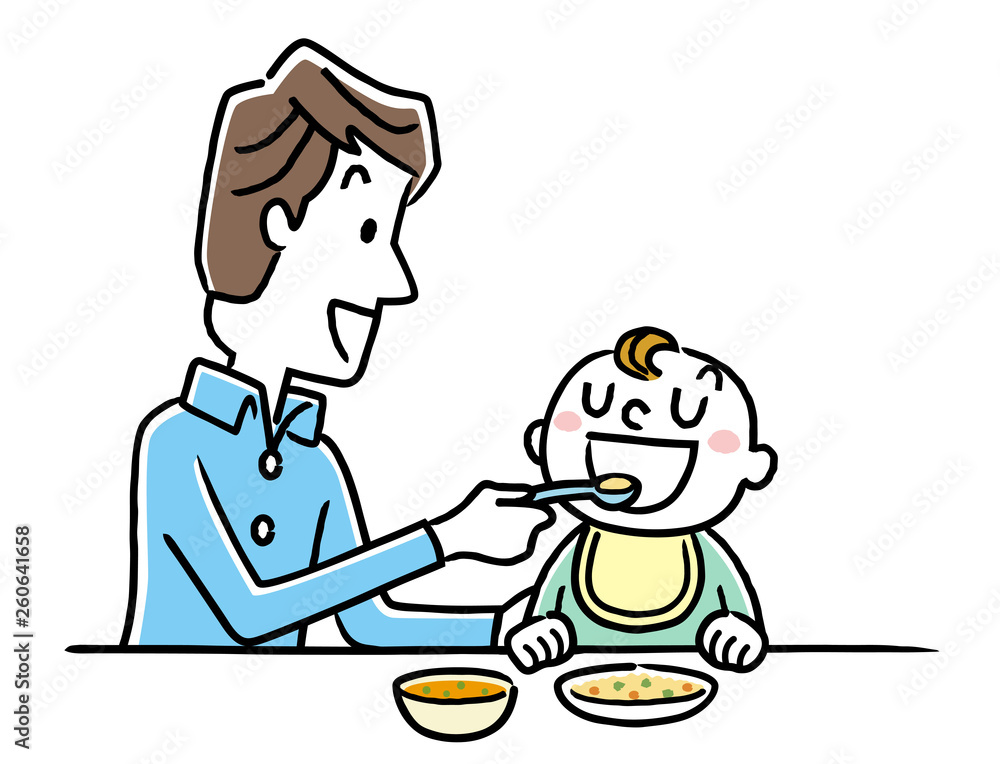 赤ちゃんに食事を与える父親 赤ちゃんに食事を与える父親