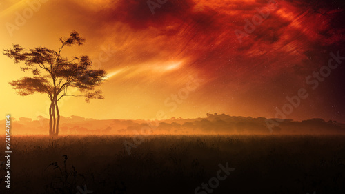 concept art of fantasy countryside landscape with majestic sunset 