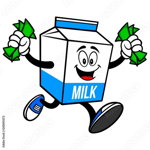 Milk Carton Mascot running with Money - A cartoon illustration of a  Milk carton mascot.