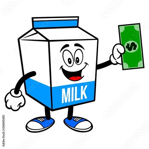 Milk Carton Mascot with a Dollar - A cartoon illustration of a  Milk carton mascot.