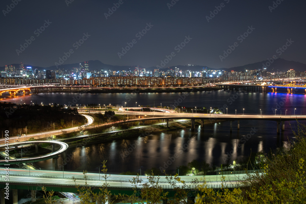 The night view of Seoul. Cars on the road. Traffic at Seoul City,South Korea.