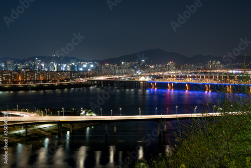 The night view of Seoul. Cars on the road. Traffic at Seoul City South Korea.