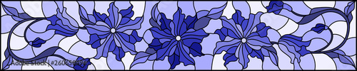 Illustration in stained glass style with flowers, leaves and buds of  flowers  , symmetrical image, horizontal, orientation, tone  blue