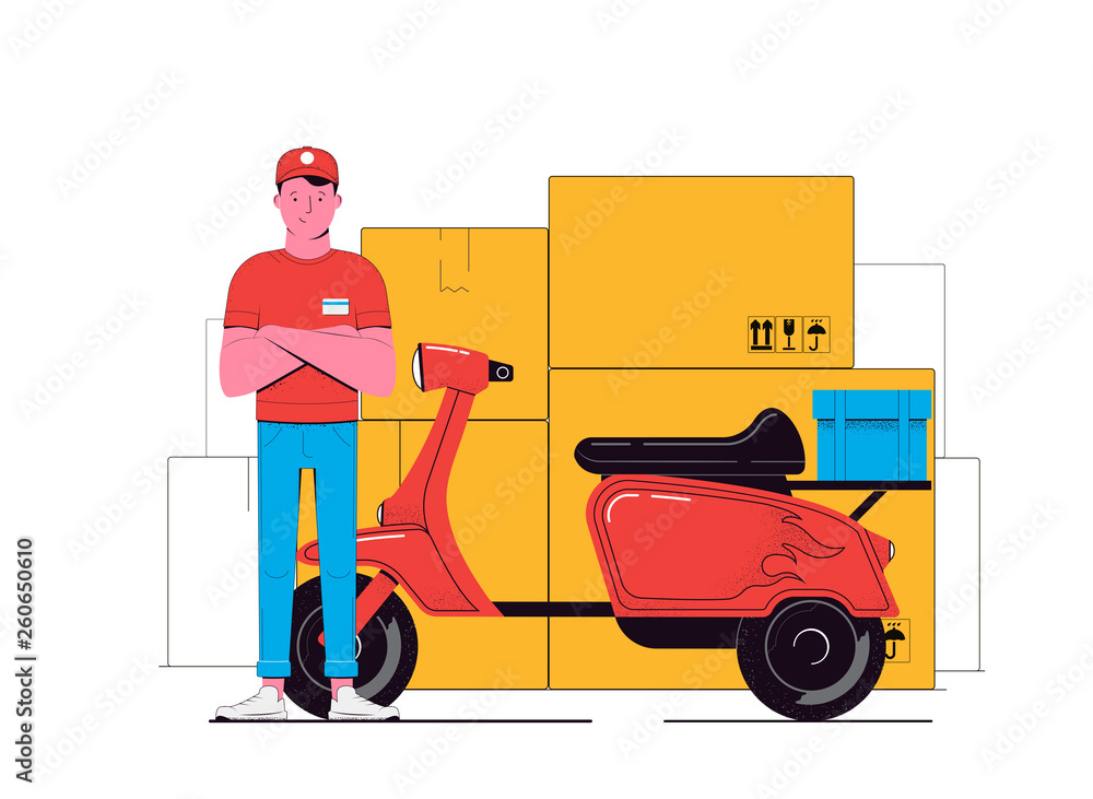 Delivery concept illustration. Courier and scooter with a cargo isolated on a white background. Food service. Vector illustration
