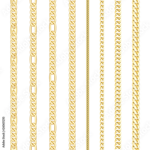 Golden Chains Set, Seamless Pattern on White Background.