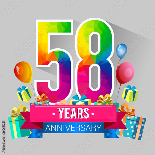 58 Years Anniversary Celebration Design, with gift box and balloons, red ribbon, Colorful polygonal logotype, Vector template elements for your birthday party.