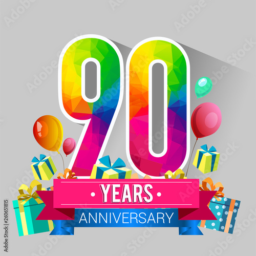 90 Years Anniversary Celebration Design, with gift box and balloons, red ribbon, Colorful polygonal logotype, Vector template elements for your birthday party.