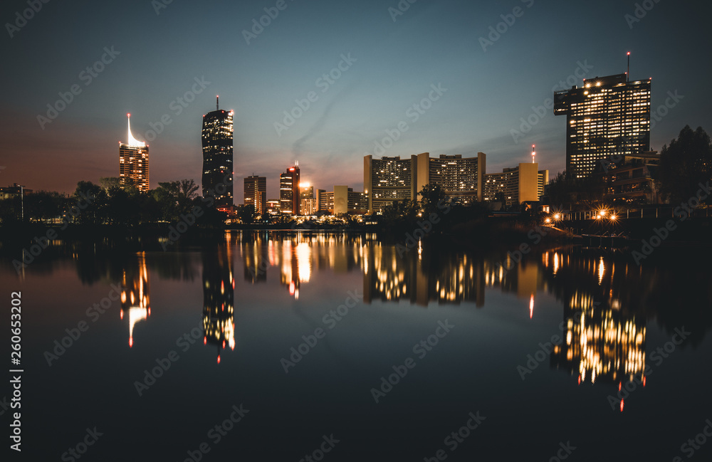 Fototapeta premium Beautiful Vienna skyline on the Danube river at night