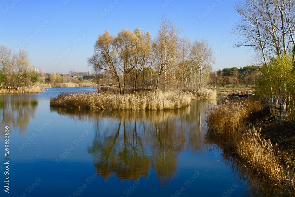 Lake in the park. Late fall landscape in China