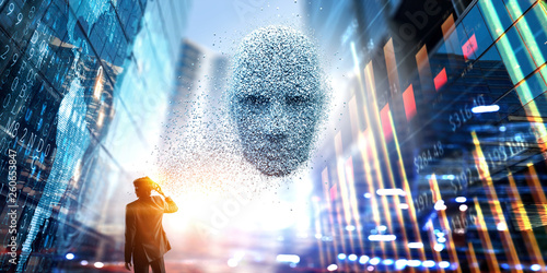 Obraz na płótnie Digital head, artificial intelligence and virtual reality. Mixed media