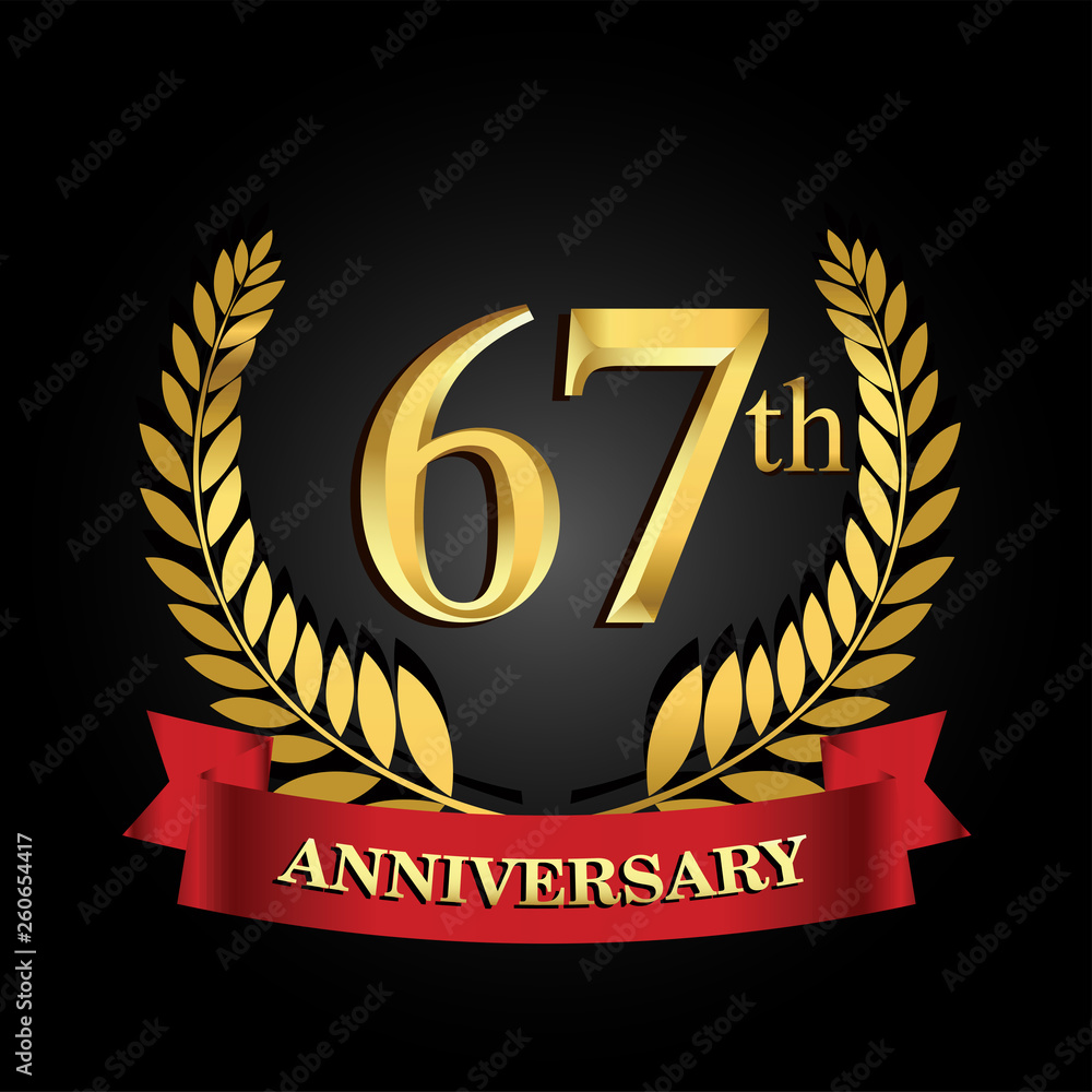 67 anniversary logo with red ribbon and golden laurel wreath, vector ...