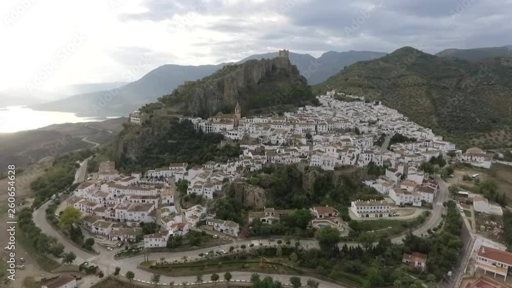 Aerial view of a town called Zahara de la Sierra, White village located in the province of Cadiz, Spain Aerial view of a town called Zahara de la Sierra, White village located in the province of Cadiz, Spain