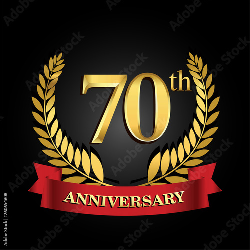 70 anniversary logo with red ribbon and golden laurel wreath, vector template for birthday celebration.