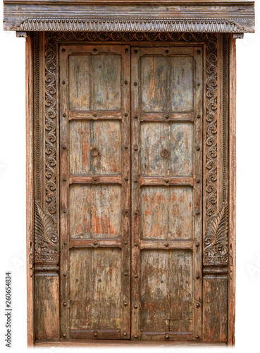 antique indian hand carved ornate door isolated on white 