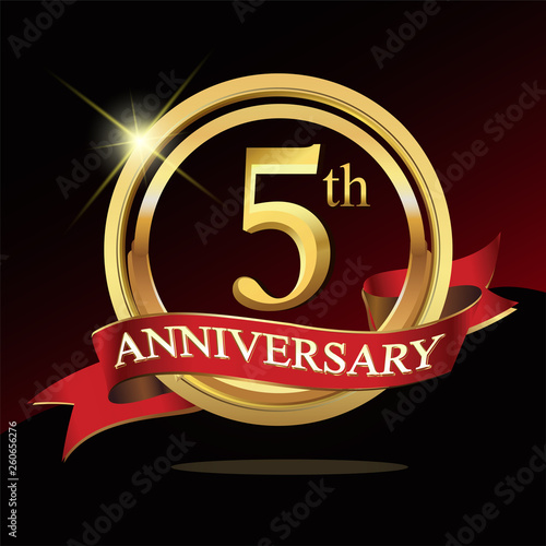 5 golden anniversary logo. with ring and ribbon.