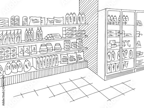 Grocery store shop interior black white graphic sketch illustration vector