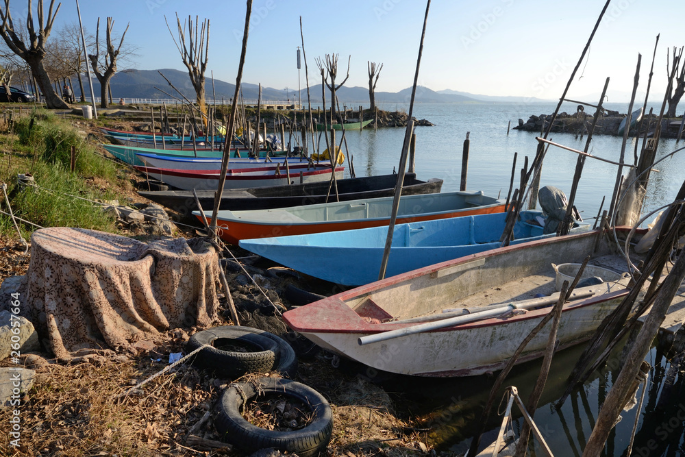 scenic view of Trasimeno Lake harbor with moored fishing boats, on springtime