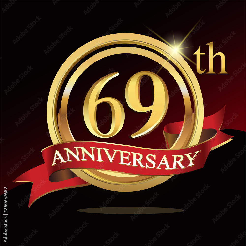 69 golden anniversary logo. with ring and ribbon. 69 golden anniversary logo. with ring and ribbon.