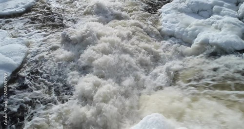 Winter Aerial Tilt up from Onaping Falls Rapids to View over Falls photo