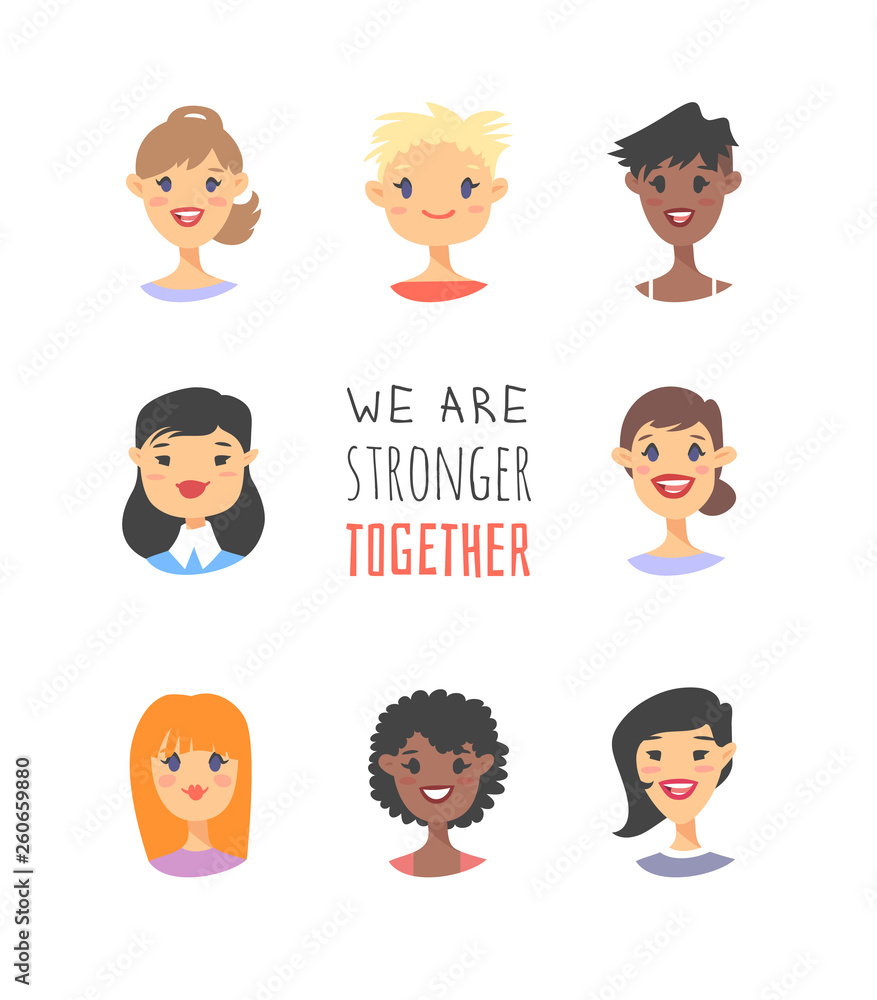 Set of a group of different people and text. Cartoon style characters of different races. Vector illustration caucasian, asian and african american women and quote Set of a group of different people and text. Cartoon style characters of different races. Vector illustration caucasian, asian and african american women and quote