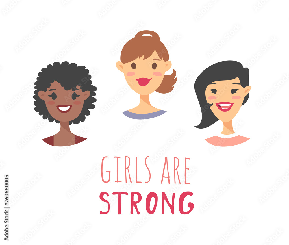 Set of a group of different people and text. Cartoon style characters of different races. Vector illustration caucasian, asian and african american women and quote Set of a group of different people and text. Cartoon style characters of different races. Vector illustration caucasian, asian and african american women and quote