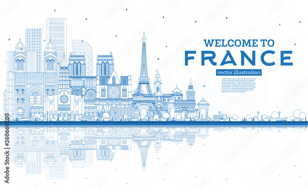Outline Welcome to France Skyline with Blue Buildings.
