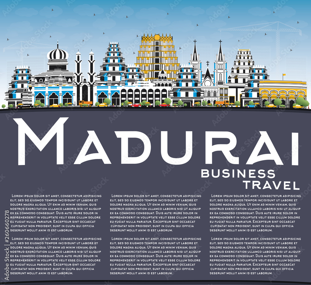 Obraz premium Madurai India City Skyline with Color Buildings, Blue Sky and Copy Space.