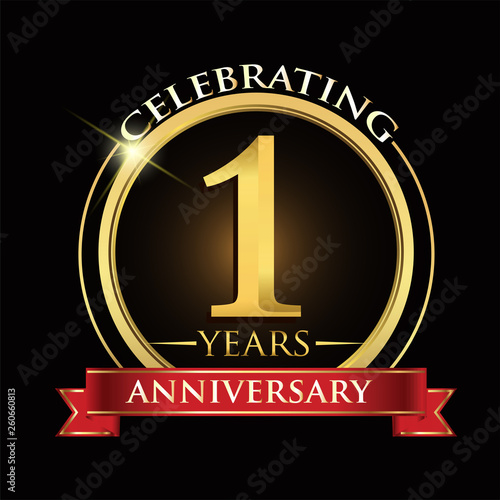 Celebrating 1 years anniversary logo. with golden ring and red ribbon.