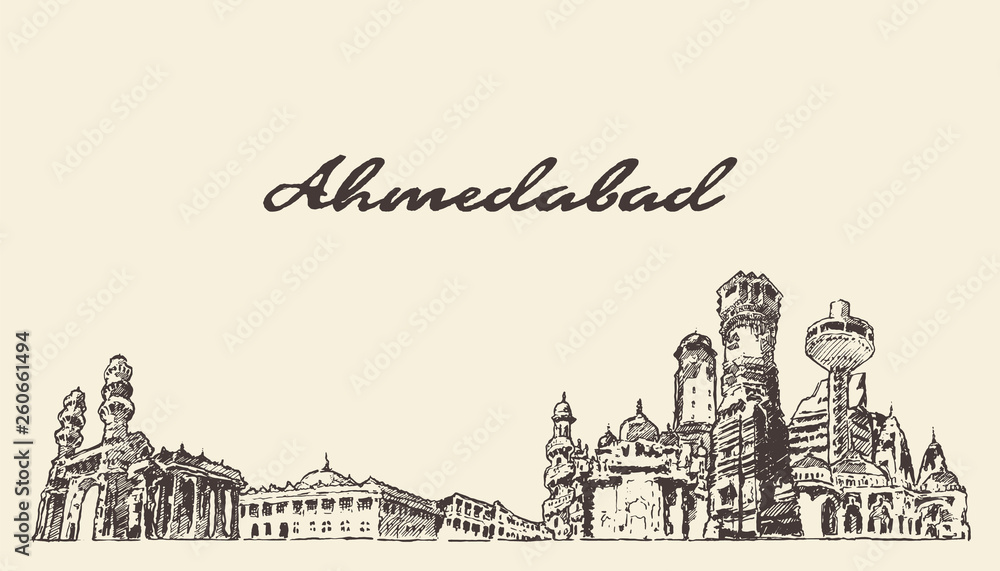 Ahmedabad skyline India vector hand drawn sketch