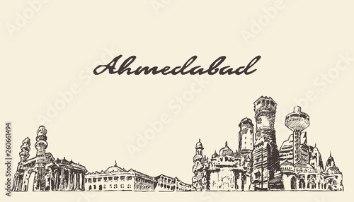 Valokuva Ahmedabad skyline India vector hand drawn sketch