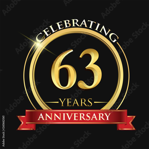 Celebrating 63 years anniversary logo. with golden ring and red ribbon.