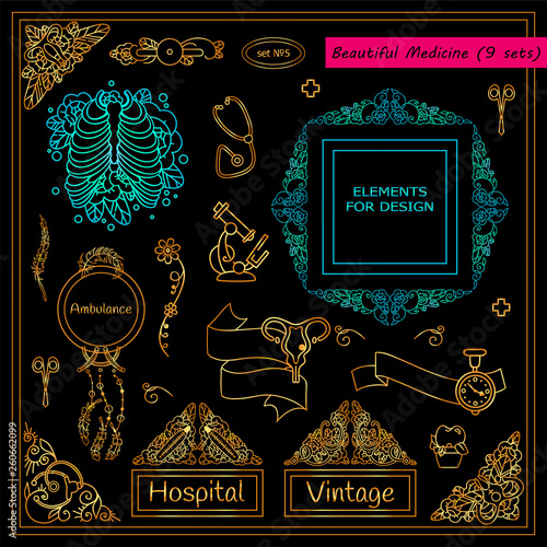 Vector collection of medical elements, signs and symbols in premium gold style. Template for doctor tattoo, jewelry, paper page and web design in clinic, ambulance and medical care