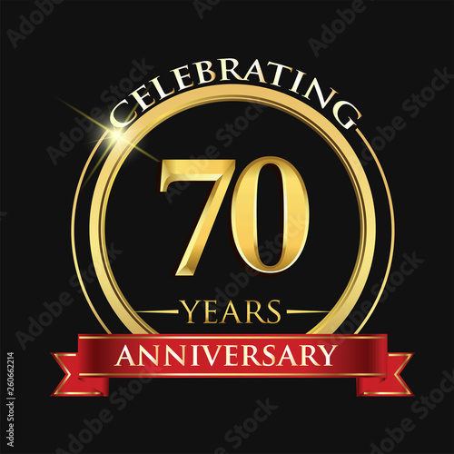 Celebrating 70 years anniversary logo. with golden ring and red ribbon.
