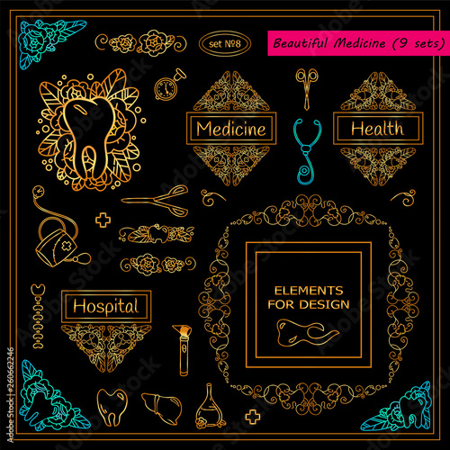 Vector collection of medical elements, signs and symbols in premium gold style. Template for doctor tattoo, jewelry, paper page and web design in clinic, ambulance and medical care