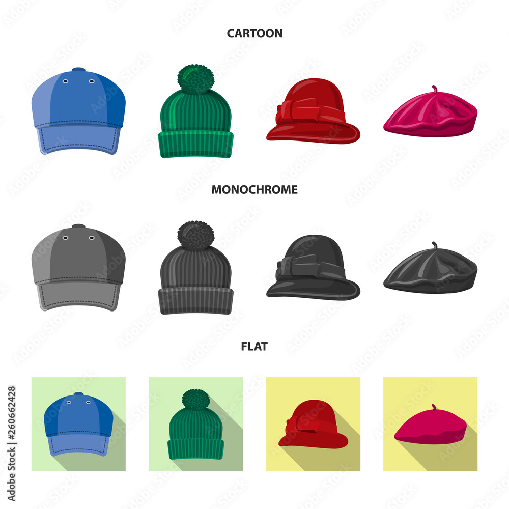 Isolated object of headgear and cap logo. Collection of headgear and accessory stock symbol for web. Isolated object of headgear and cap logo. Collection of headgear and accessory stock symbol for web.