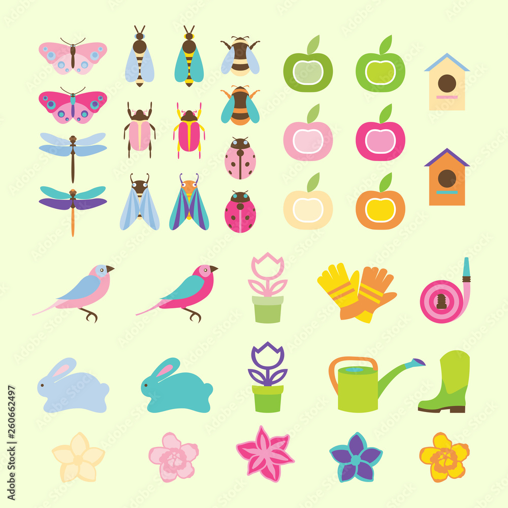 Vector illustration of spring time. Spring object collection, floral elements and decoration.