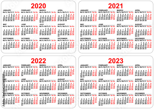 2020, 2021, 2022, 2023 years set pocket calendar grid. Template organizer planner