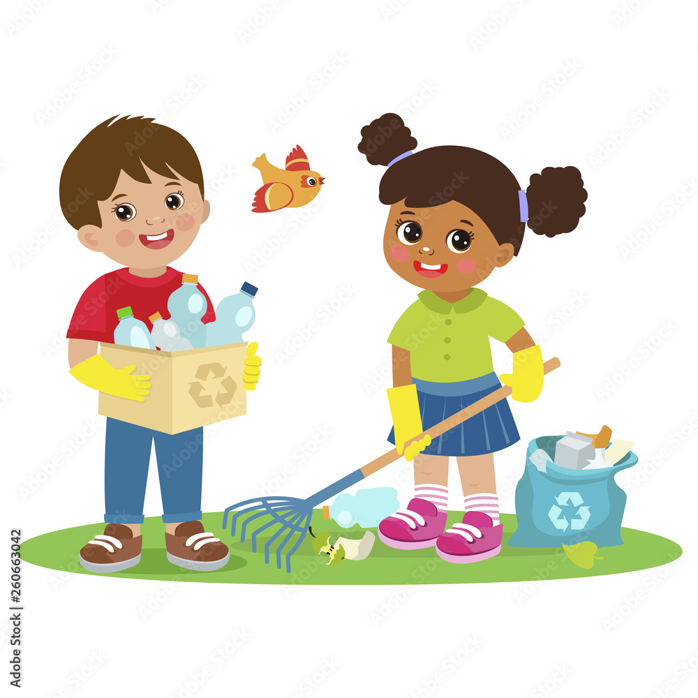 Children Collect Rubbish For Recycling Vector Illistration. Eco ...