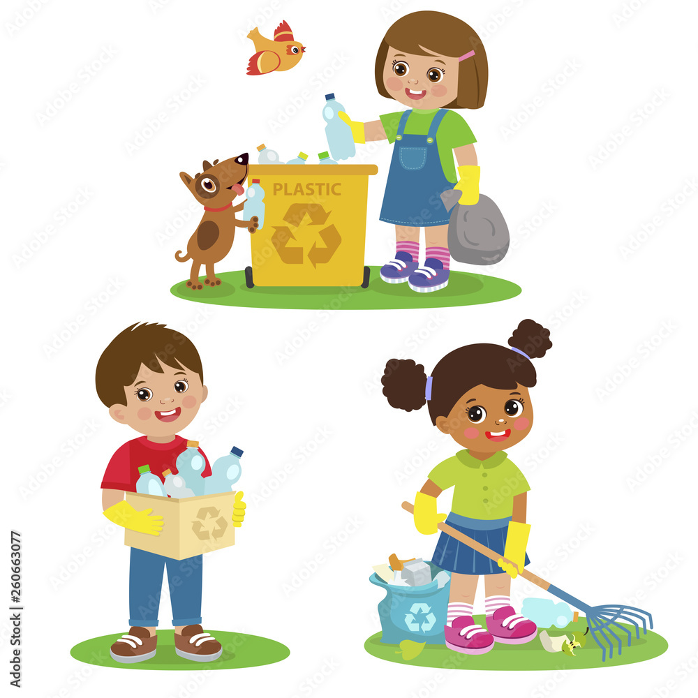 Vector Set Illustrations Kids Picking Up Plastic Bottles Into Garbage Bags. Children Cleaning Environment From Trash. Vector Set Illustrations Kids Picking Up Plastic Bottles Into Garbage Bags. Children Cleaning Environment From Trash.